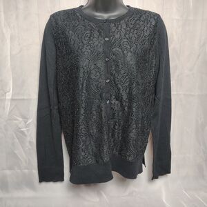 LOFT Outlet Womens M Cardigan Sweater Black Floral Lace Front Button Up Crewnwck